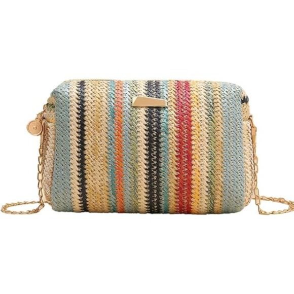 Women’s Straw Tote Bag Rainbow Striped Casual Beach Shoulder Bag Summer - Picture 6 of 6